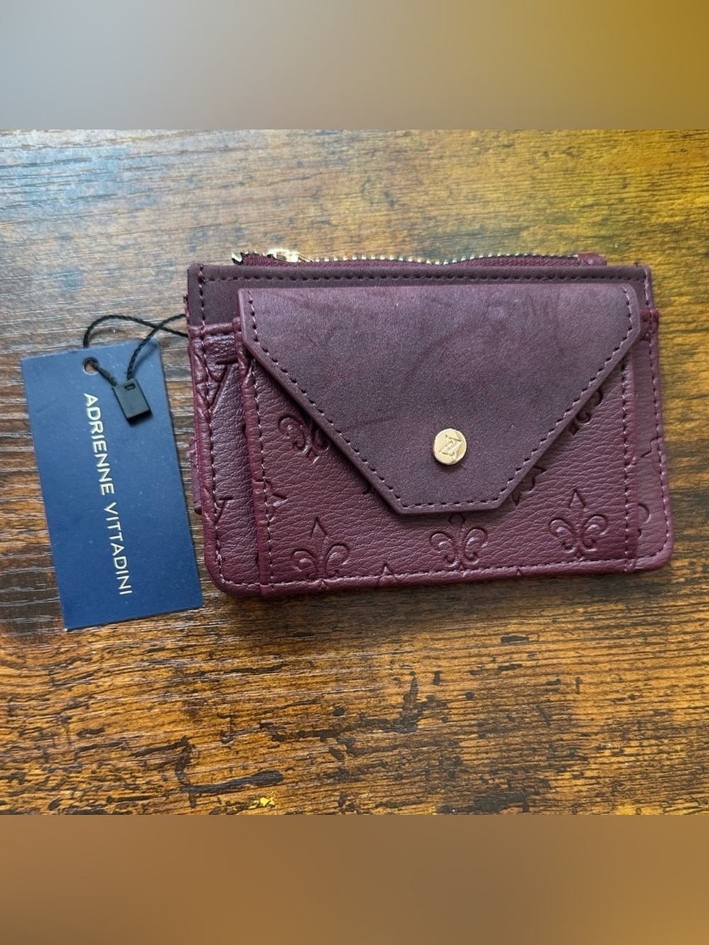 NWT Adrienne Vittadini Burgundy Card Case Wallet Zip Pouch Fleur-de-Lis Embossed